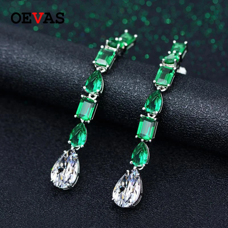 

OEVAS Solid 925 Sterling Silver Sparkling High Carbon Diamond Drop Earrings Created Moissanite Emerald Wedding Fine Jewelry Gift