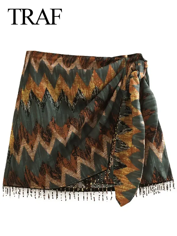 

TRAF Fashion Waist Asymmetric Pleated Hem Fringe Women's Short Skirt Retro Trend Vacation Tribal Print Ladies Bottom Skirt