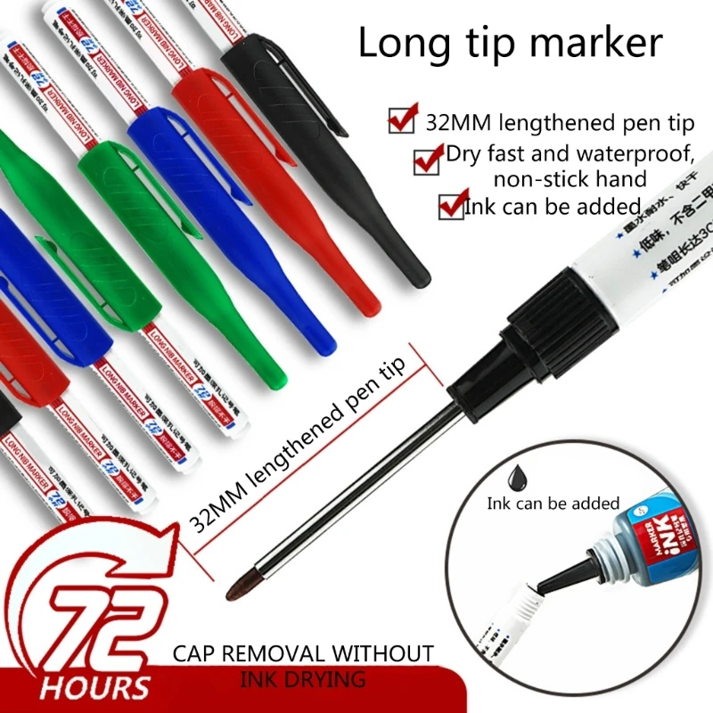4x/Set Waterproof Deep Hole Marker Pens Multi-purpose Deep Reach Markers 32mm Long Nose Marker for Carpenters-Builders K1KF
4x/Set Waterproof Deep Hole Marker Pens Multi-purpose Deep Reach Markers 32mm Long Nose Marker for Carpenters-Builders K1KF