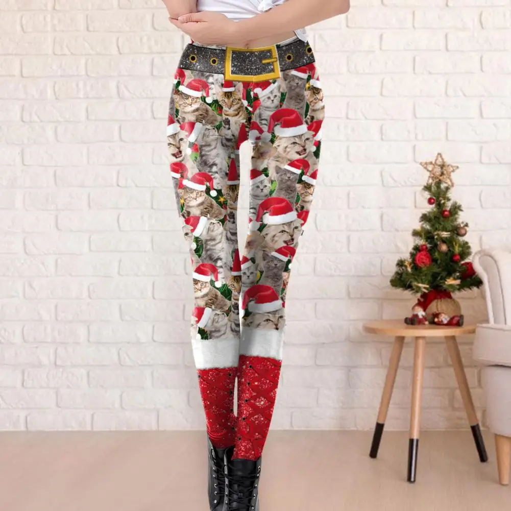 

Рождественские женские брюки с эластичной талией, облегающие штаны с высокой талией, рождественские полосатые лоскутные леггинсы с имитац...