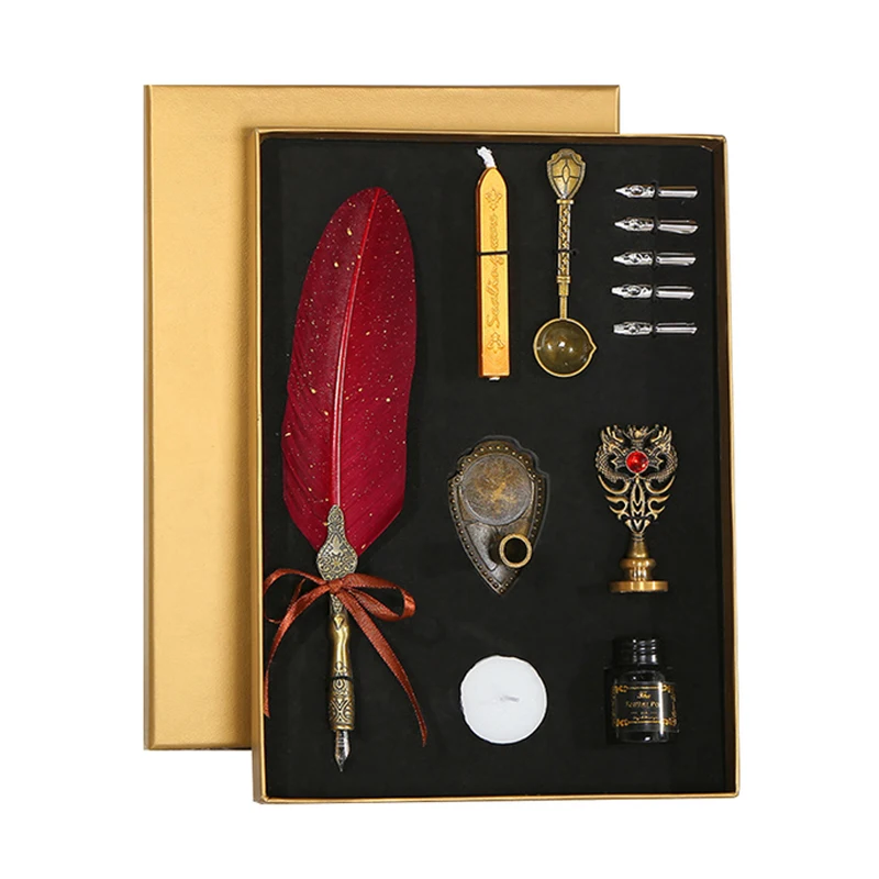 Luxury Feather Dip Pen Set Vintage Sprinkling Gold Wax Seal Stamp Kit Calligraphy Writing Fountain Pen Birthday Gift Box Quill
Luxury Feather Dip Pen Set Vintage Sprinkling Gold Wax Seal Stamp Kit Calligraphy Writing Fountain Pen Birthday Gift Box Quill