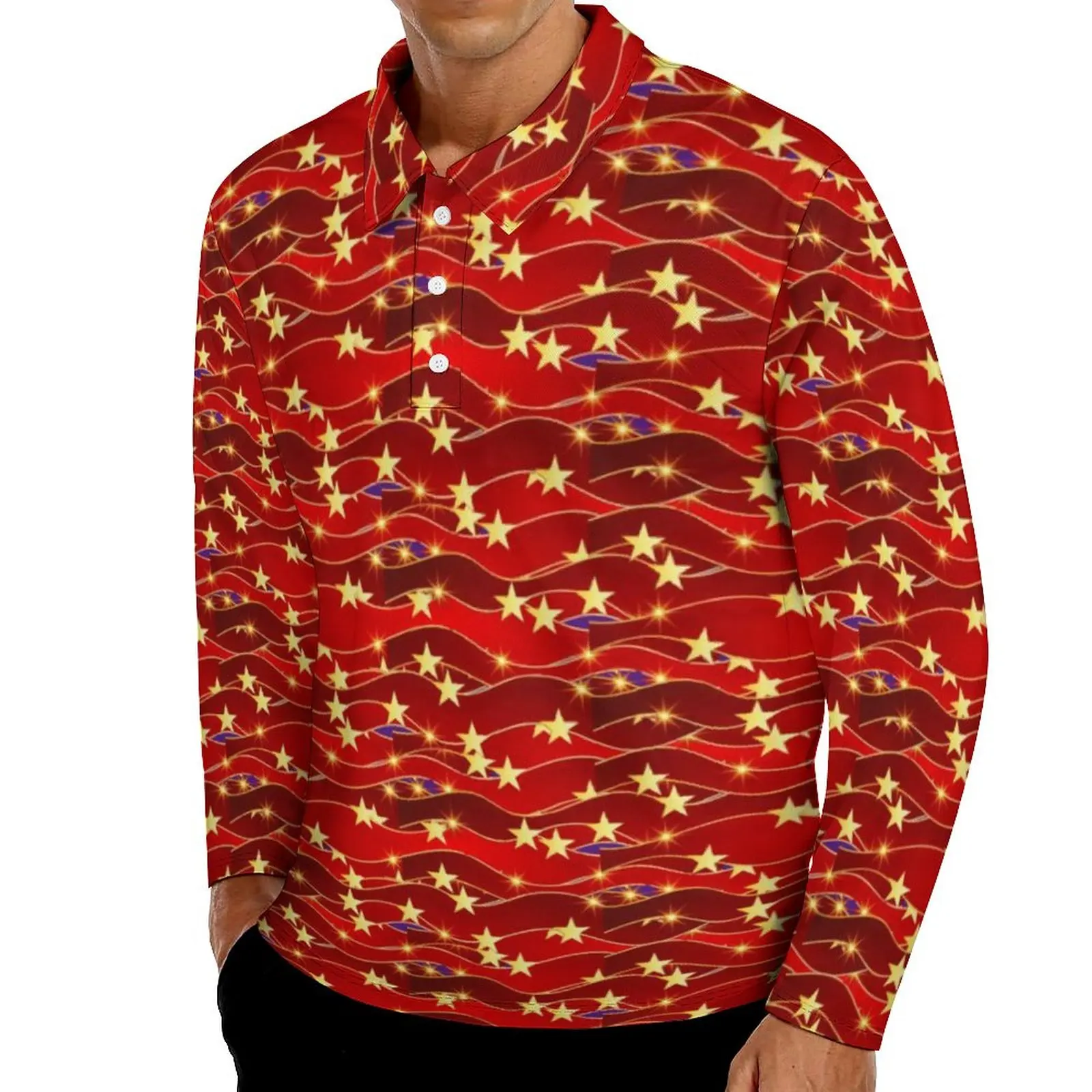 

Christmas Sky Polo Shirts Autumn Gold Stars Print Casual Shirt Long Sleeve Turn Down Collar Streetwear Graphic Oversize T-Shirts
