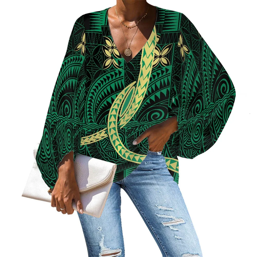 

Женские шифоновые рубашки, свободные топы с длинным рукавом, полинезийское племенное Самоа, зеленая женская модная повседневная пикантная блузка с V-образным вырезом и принтом Tapa