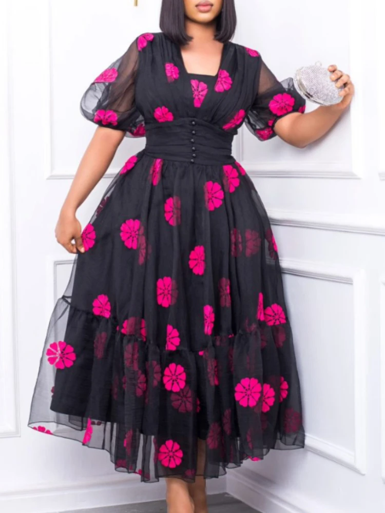 Women Floral Printed Long Dress Mesh Puff Short Sleeve O Neck Pullover Robes Black Elegant A Line Evening Party Mermaid Vestidos
Women Floral Printed Long Dress Mesh Puff Short Sleeve O Neck Pullover Robes Black Elegant A Line Evening Party Mermaid Vestidos