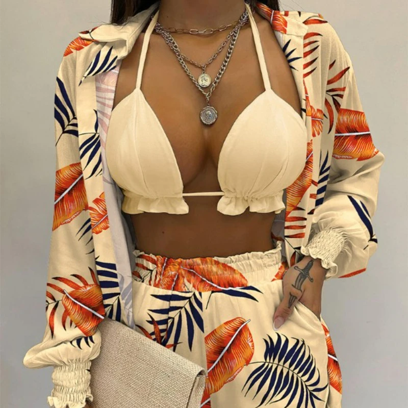 New Women's Summer Suit Printed Lantern Sleeve Shirt Shorts 3pc Set Swimsui Women Bikini Set Women's Suit Women's Tracksuit
New Women's Summer Suit Printed Lantern Sleeve Shirt Shorts 3pc Set Swimsui Women Bikini Set Women's Suit Women's Tracksuit
