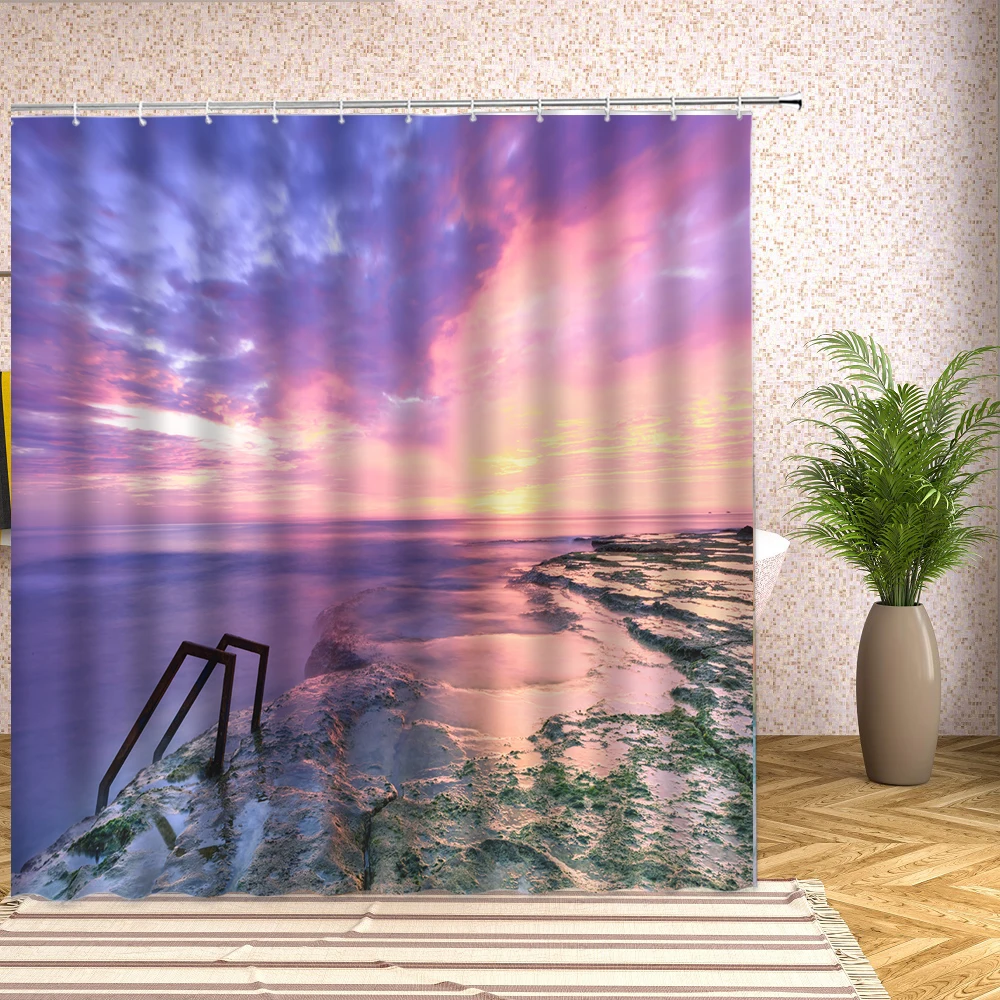 

Pink Sky Tropical Seascape Shower Curtain Clouds Sunset Dusk Scenery Bathroom Home Decor Bath Screen Waterproof Print with Hooks