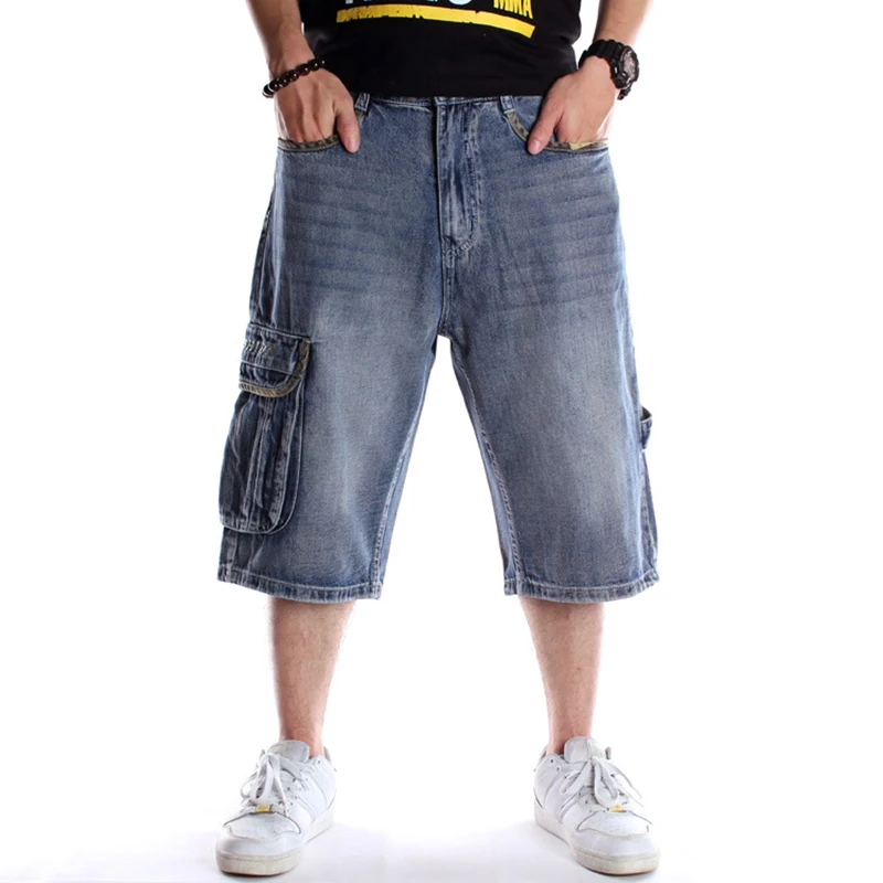

Waist Size 30-46 Inch 2022 Summer Loose Men's Short Jeans Hip-Hop Skateboard Fashion USA Style Pockets Baggy Denim Cargo Pants