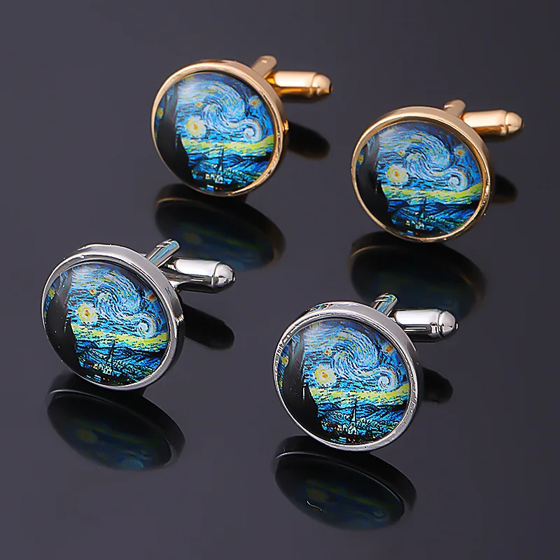 

New Product Originality Van Gogh Starry Night Gem Men's Sleeves Simple Retro Metal French Cufflinks Wholesale