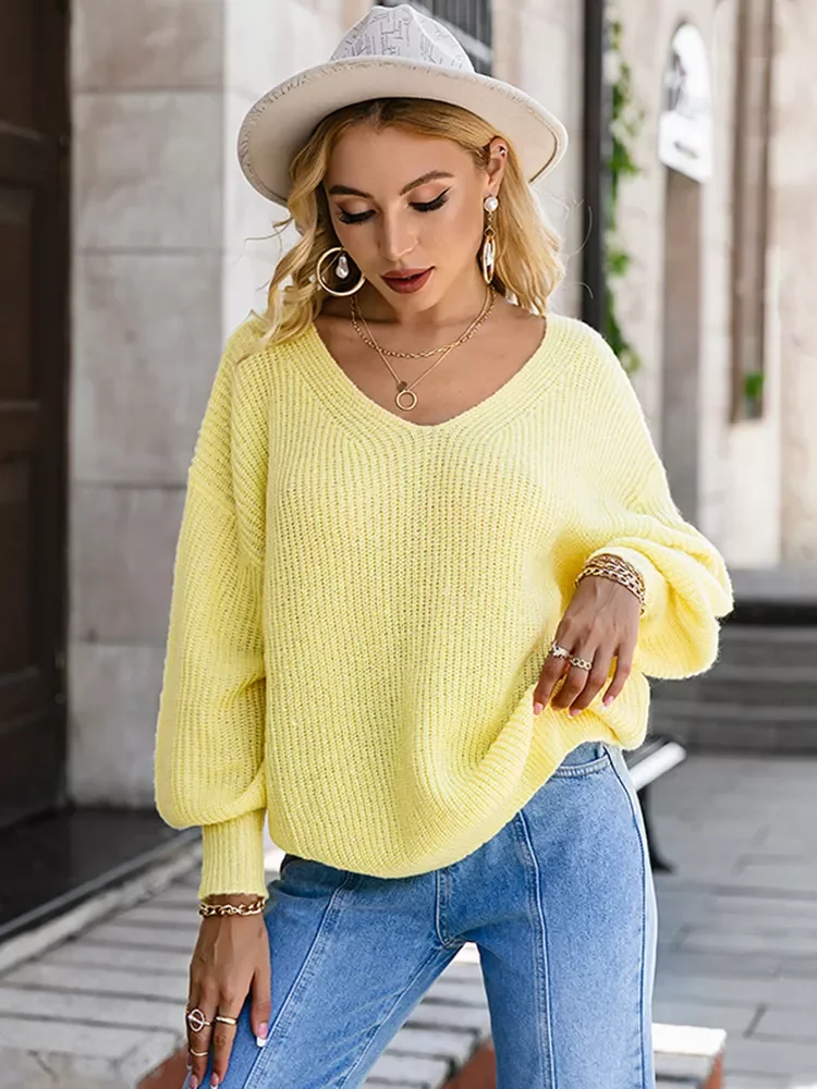 Simplee Minimalist v neck women thin sweater casual Lantern sleeve loose yellow color jumper Office soft female knitted pullover 
Simplee Minimalist v neck women thin sweater casual Lantern sleeve loose yellow color jumper Office soft female knitted pullover