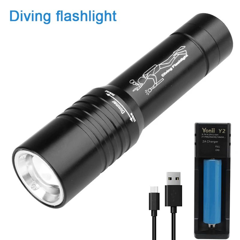 

Diving Flashlights Zoomable Scuba Dive Torch XM-L T6 Waterproof Underwater Tactical Light Torch Lamp with 18650 Battery Charger