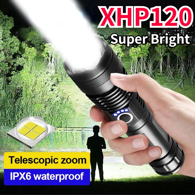 

Upgrade Rechargeable LED Flashlight High Power CREE XHP120 Flashlights Aluminum Alloy Tactical Torch Lamp for Camping Emergency