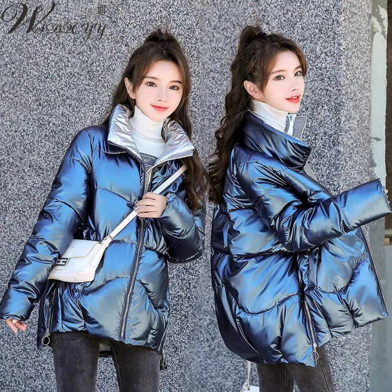 

Women's Parkas Coat 2022 New Winter Thick Glossy Down Cotton Jacket Fashion Bread Service Jacket Female Cotton Padded Outwear
