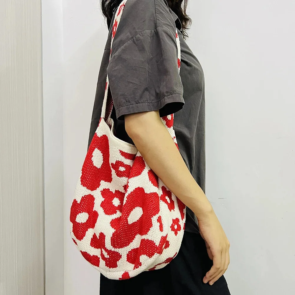 

Women Flower Knitted Shoulder Bag Travel Shopper Bag Female Brand Designer Handba Ladies Large Capacity Travel Tote Purse