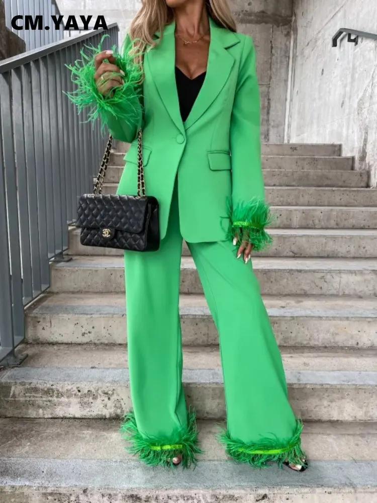 CM.YAYA Vintage Women Feather Hem Wide Leg Straight Pants Suit and One Button Blazer Fashion Two 2 Piece Set Outfit OL Tracksuit
CM.YAYA Vintage Women Feather Hem Wide Leg Straight Pants Suit and One Button Blazer Fashion Two 2 Piece Set Outfit OL Tracksuit