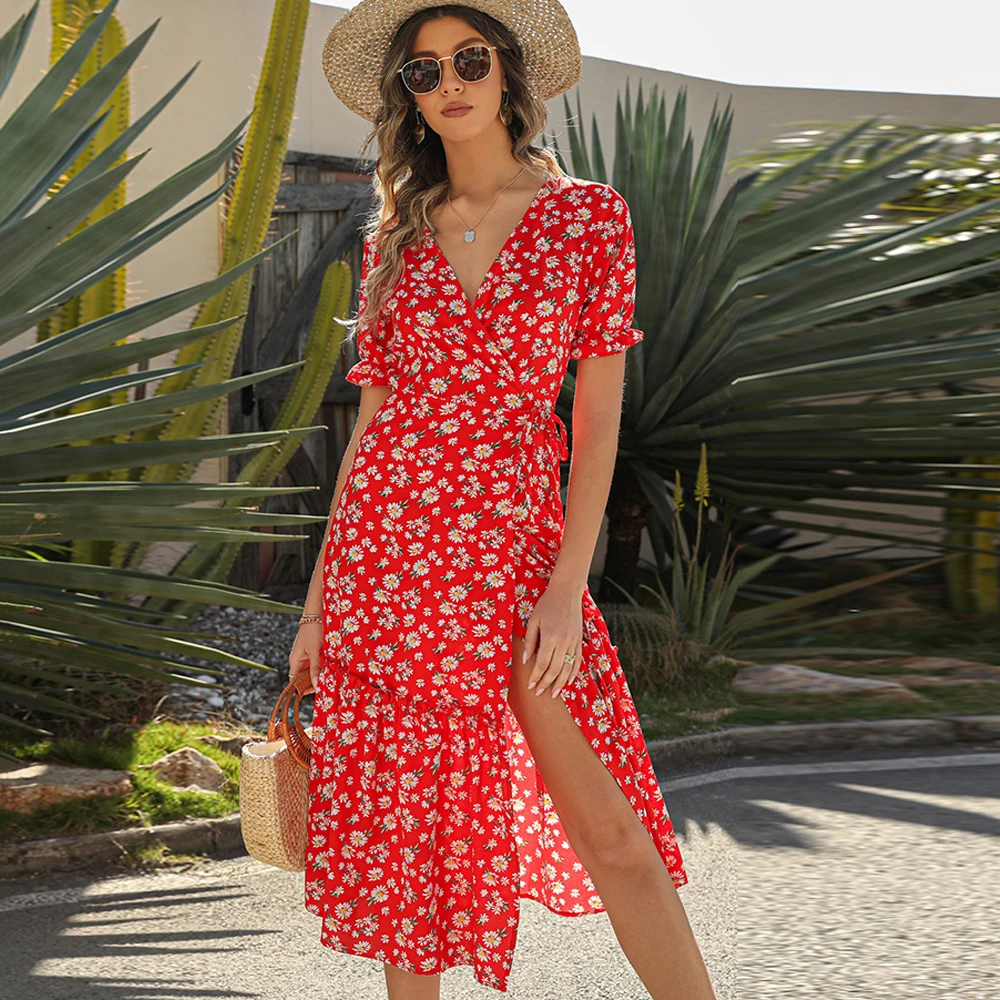 Women Dresses Summer Sexy V Neck Floral Print Lace Up A Line Midi Dress Casual Short Sleeve Ruffle Wrap Slit Boho Beach Sundress
Women Dresses Summer Sexy V Neck Floral Print Lace Up A Line Midi Dress Casual Short Sleeve Ruffle Wrap Slit Boho Beach Sundress