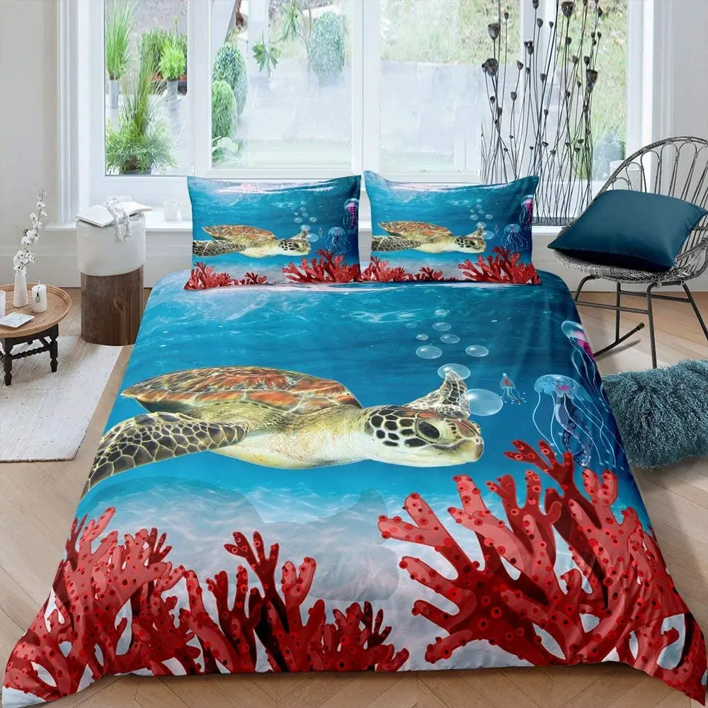 

Sea Turtle Duvet Cover Sea Turtle Jellyfish Coral Reef Bedding Set Microfiber Blue Ocean Underwater World Queen King Quilt Cover