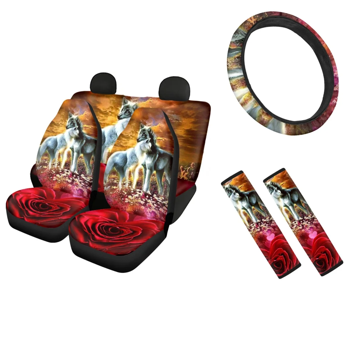 Cool Wolf Pattern Car Front/Back Seat Covers Washable Steering Wheel Protector Soft Seatbelt Cover Set of 2 Sweat Absorption
Cool Wolf Pattern Car Front/Back Seat Covers Washable Steering Wheel Protector Soft Seatbelt Cover Set of 2 Sweat Absorption