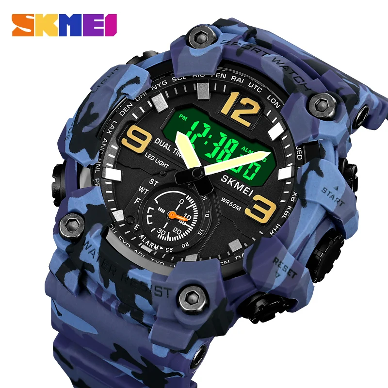 

SKMEI 2 Time Display Analog LED Light Electronic Wristwatch Chrono Digital Sport Watches Clock 50M Waterproof relogio masculino