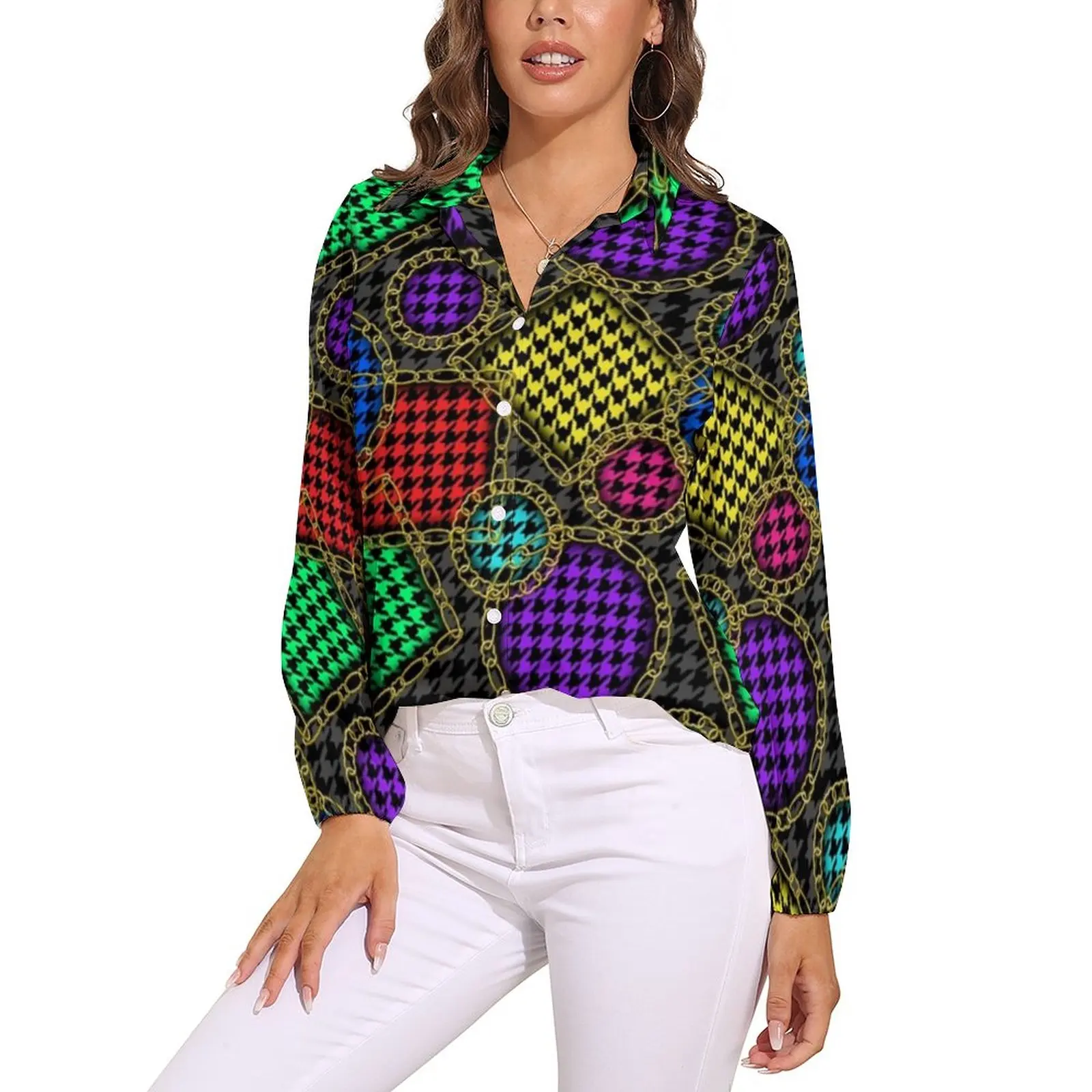 Golden Chains Print Blouse Colorful Houndstooth Cute Custom Blouses Womens Long-Sleeve Streetwear Shirts Summer Oversize Top
Golden Chains Print Blouse Colorful Houndstooth Cute Custom Blouses Womens Long-Sleeve Streetwear Shirts Summer Oversize Top