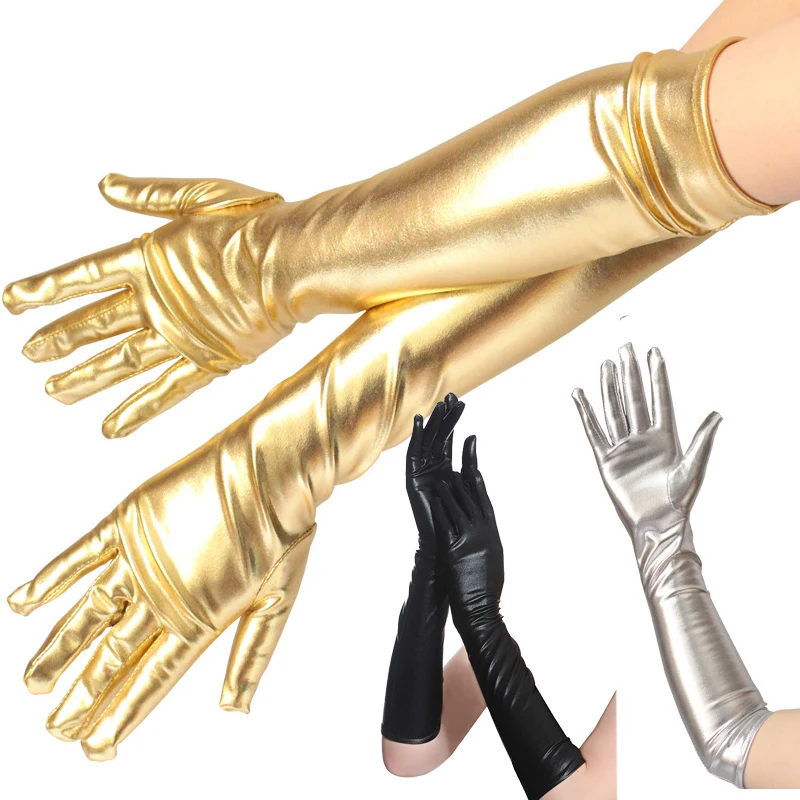 

Вечерние варежки для выступлений, искусственная кожа, искусственные перчатки с пальцами, сексуальные длинные латексные рукавицы до локтя