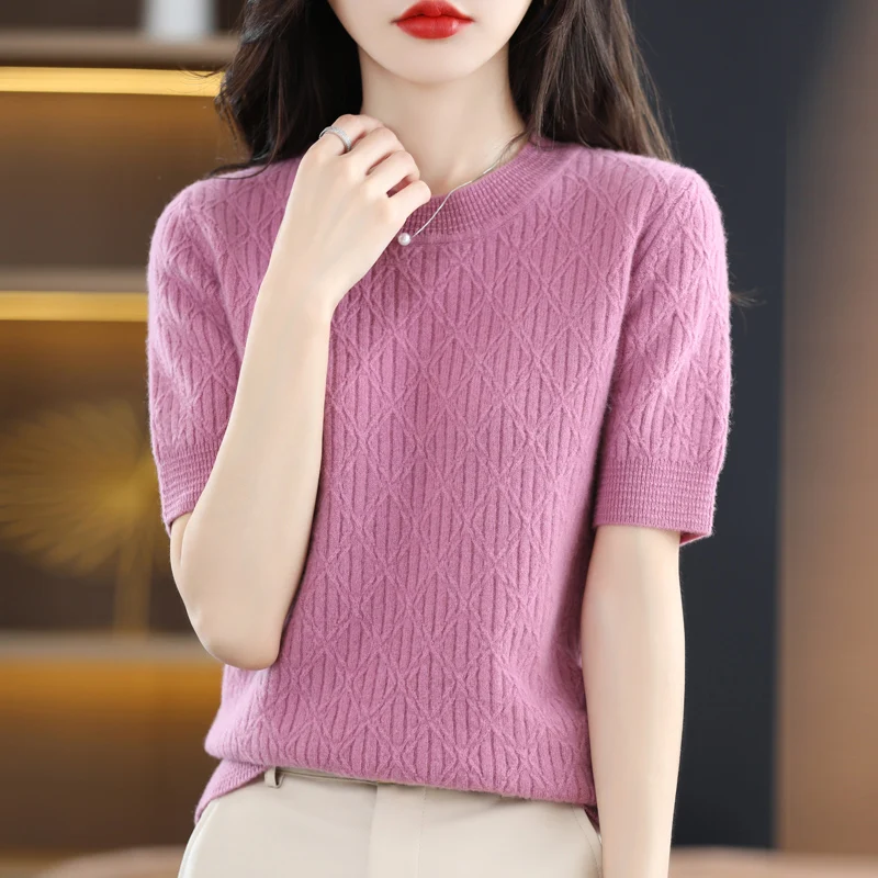 

Пуловер с круглым вырезом, женский свитер с коротким рукавом, футболка, кашемировый вязаный свободный женский свитер из 100% чистой шерсти, короткий стиль, Лидер продаж
