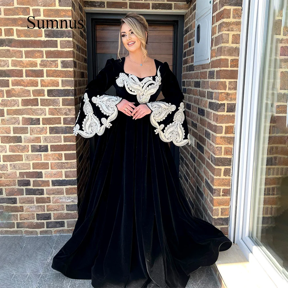 Sumnus Black Velvet Moroccan Robe Appliques Trumpet Long Sleeve Maxi Evening Dresses With Train Formal Evening Gowns Customized
Sumnus Black Velvet Moroccan Robe Appliques Trumpet Long Sleeve Maxi Evening Dresses With Train Formal Evening Gowns Customized
