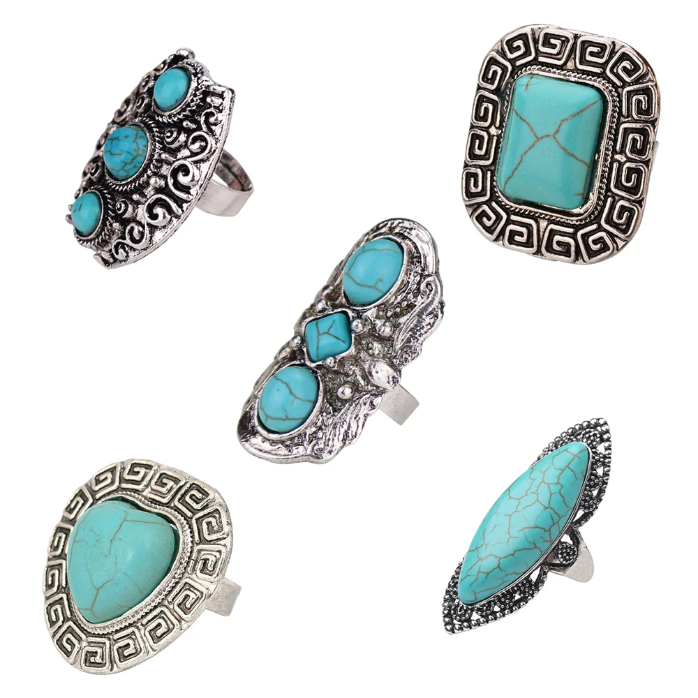 

Vintage Silver Color Tibet Turquoise Rings For Women Green Stone Ethnic Tribal Men's Ring Afghan Pakistan Indian Gypsy Jewelry