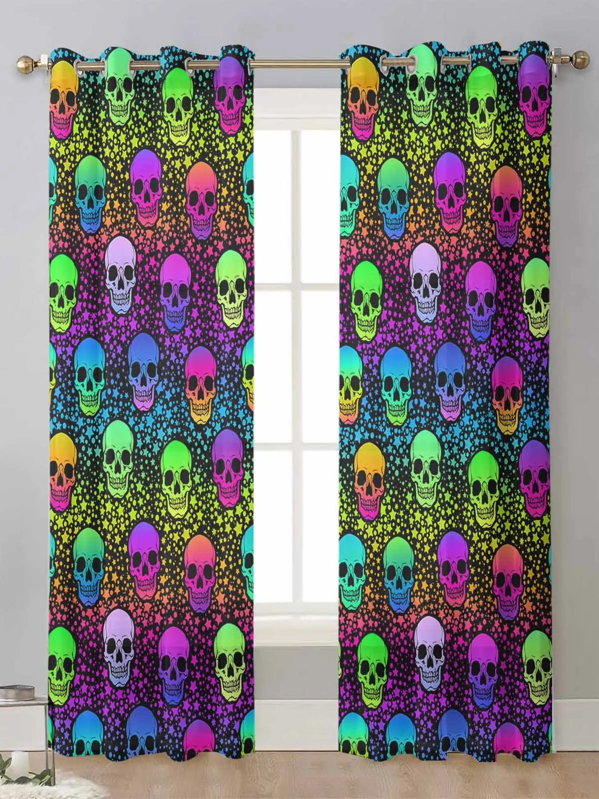 

Rainbow Colored Skull Stars Sheer Curtains For Living Room Window Transparent Voile Tulle Curtain Cortinas Drapes Home Decor