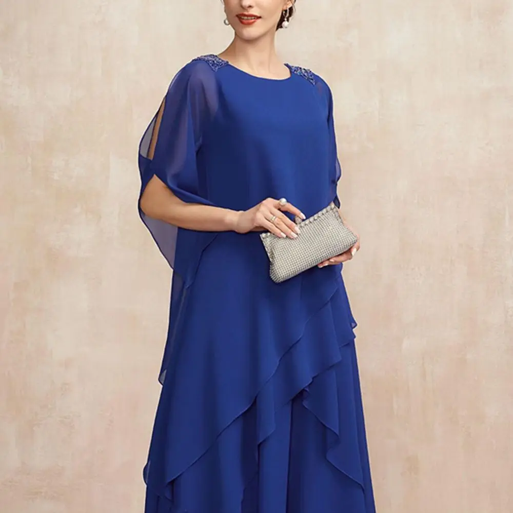

Elegant Mother of the Bride Dresses Royal Blue Scoop Tea-Length Chiffon Beading Ruffles Party Gowns vestidos para madre de novia
