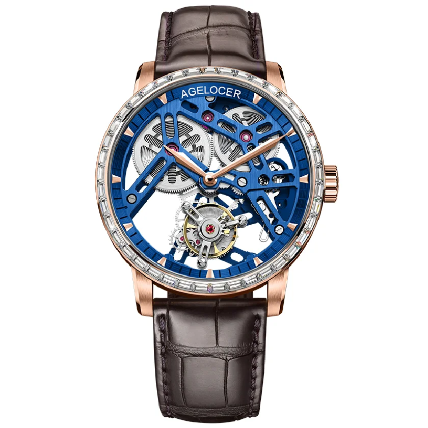 

Original AGELOCER Tourbillon Watch men Sapphire Blue Skeleton Dial Top Brand Luxury Mechanical Hand Wind Mens Tourbillon Watches