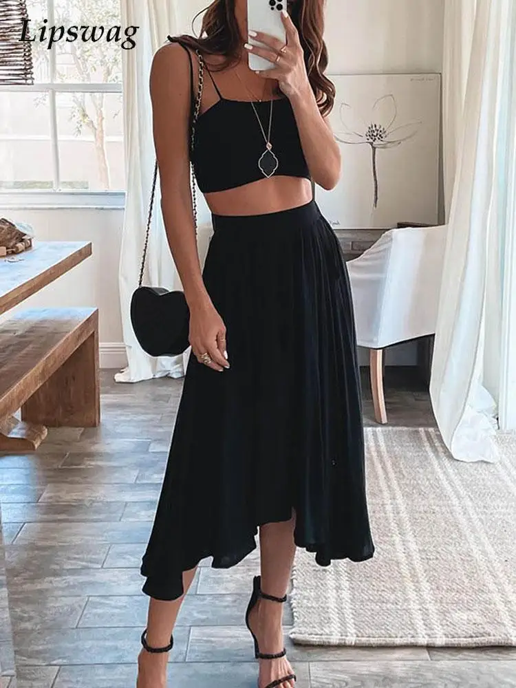 Women Summer Fashion Solid Two Piece Sets Sexy Sleeveless Sling Beach Dress Office Lady Casual Loose Tops And Pleated Skirt Suit
Women Summer Fashion Solid Two Piece Sets Sexy Sleeveless Sling Beach Dress Office Lady Casual Loose Tops And Pleated Skirt Suit