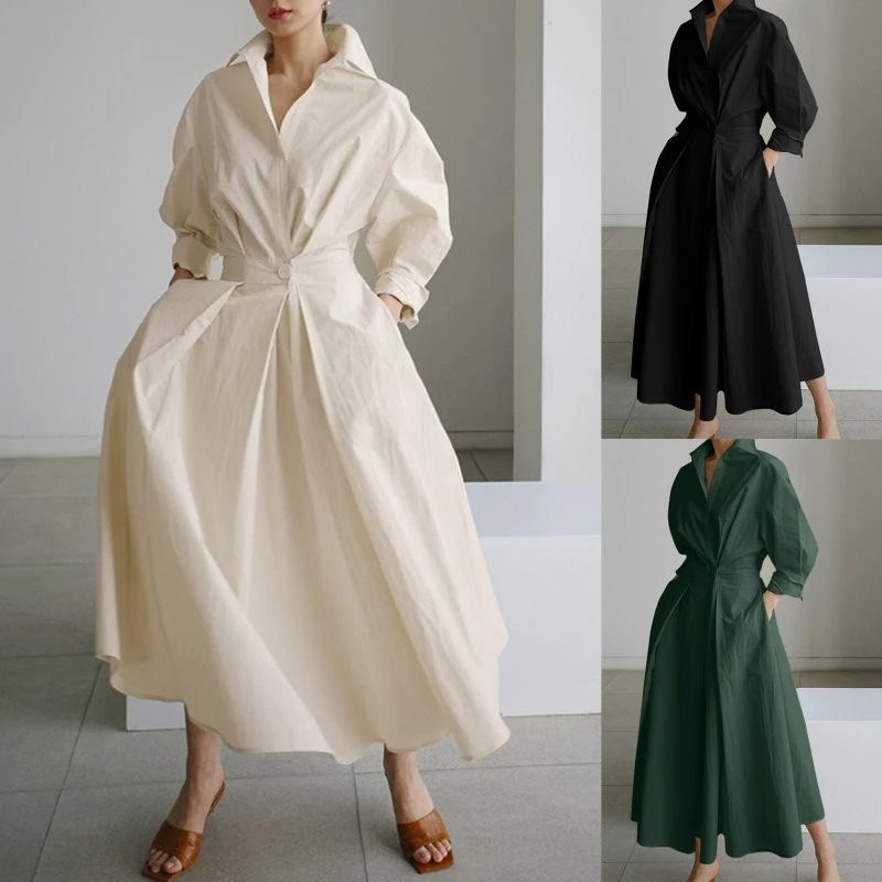 Women's Dresses Sunskirt Autumn Elegant Shirt Dress Solid Color Long Sleeve Girl's Casual High Waist Robe For Ladies 
Women's Dresses Sunskirt Autumn Elegant Shirt Dress Solid Color Long Sleeve Girl's Casual High Waist Robe For Ladies