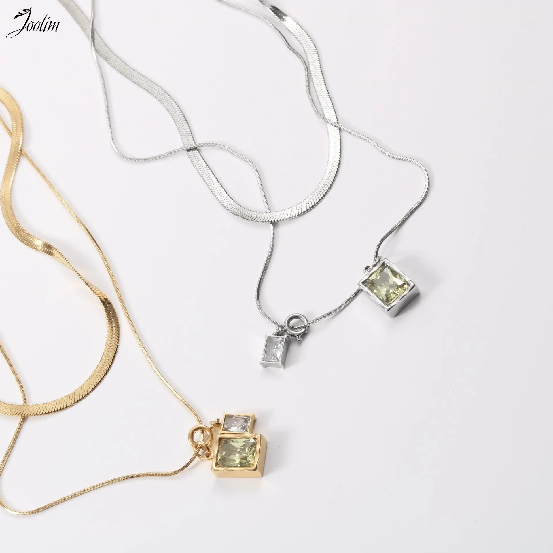 Joolim Jewelry Wholesale No Fade Double Laminated Snake Bone Chain 2 Rectangle Zircon Pendants Stainless Steel Necklace
Joolim Jewelry Wholesale No Fade Double Laminated Snake Bone Chain 2 Rectangle Zircon Pendants Stainless Steel Necklace