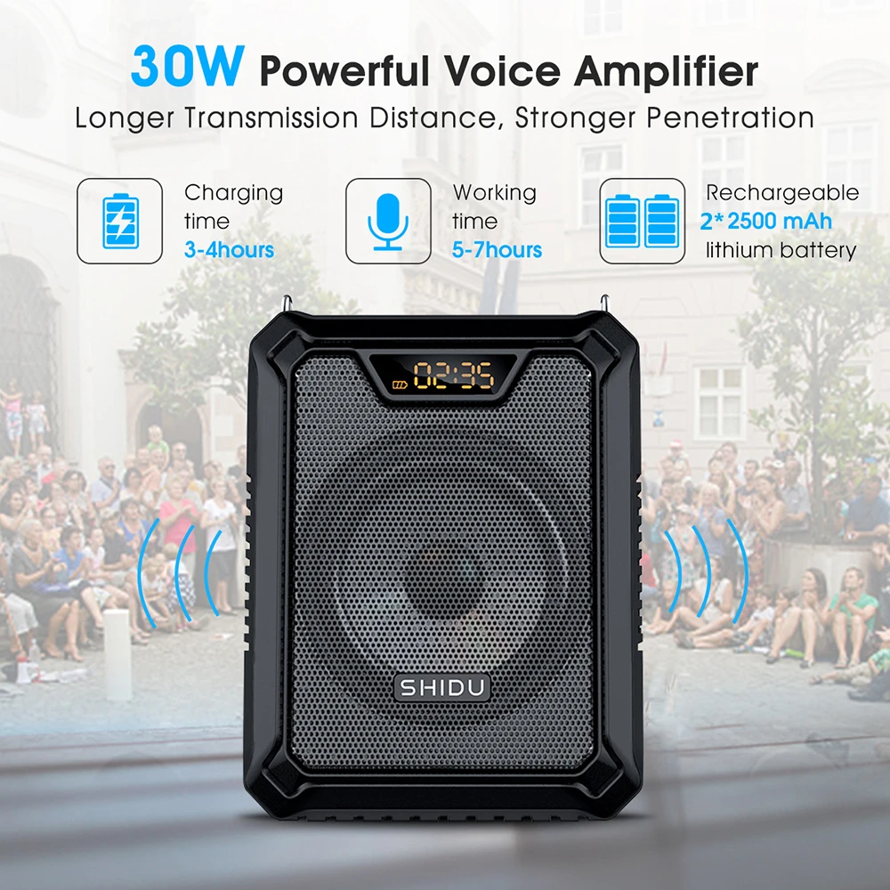 Переносной голосовой усилитель мощностью 30 Вт с водонепроницаемым Bluetooth-динамиком, резервным питанием и беспроводным микрофоном для преподавания речи M1000.