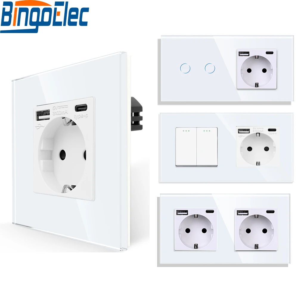 Bingoelec EU Standard Wall Light Switch white Crystal Glass Panel Switch Panel With Wall Socket With tomada usb type-c
Bingoelec EU Standard Wall Light Switch white Crystal Glass Panel Switch Panel With Wall Socket With tomada usb type-c