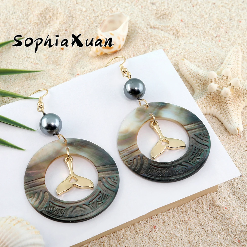 

SophiaXuan Hawaiian Black Shell Earing Vintage Pearl Dangle Gift Earring Carved Whale Tail Accessory Fashion Woman Earrings 2023