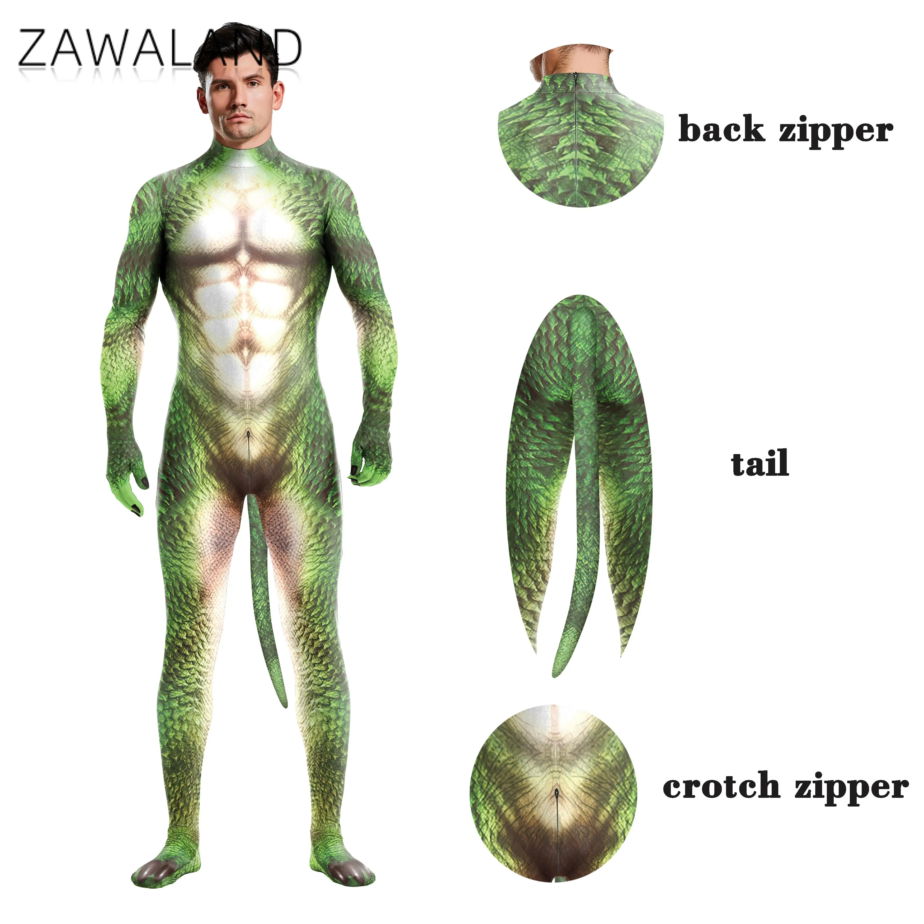 

Zawaland Men 3D Crocodile Texture Printed Animal Cosplay Costume Bodysuit with Tail Crotch Zipper Jumpsuits Catsuit Zentai Suits