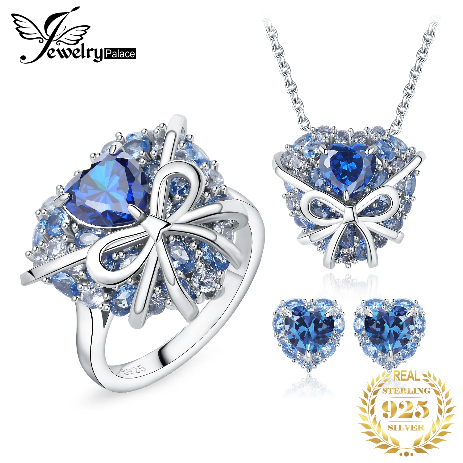 JewelryPalace Fashion Bowknot Love Heart Blue Gemstone 925 Sterling Silver Necklace Earrings Ring Jewelry Set for Woman
JewelryPalace Fashion Bowknot Love Heart Blue Gemstone 925 Sterling Silver Necklace Earrings Ring Jewelry Set for Woman