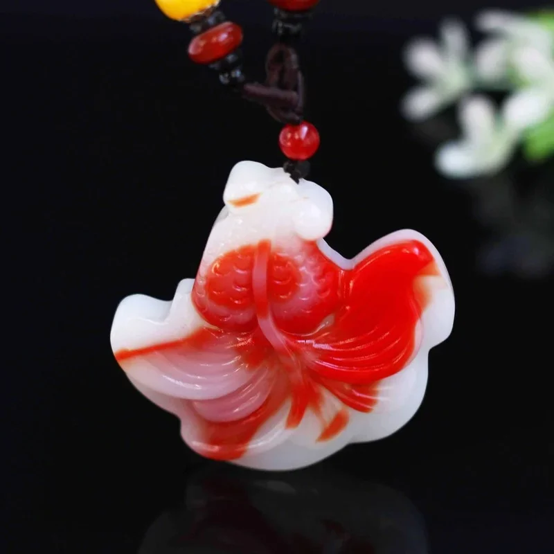 

Natural Chinese Color Hand Carved Goldfish Jade Pendant Fashion Boutique Jewelry Men's and Women's Red and White Necklace Gift