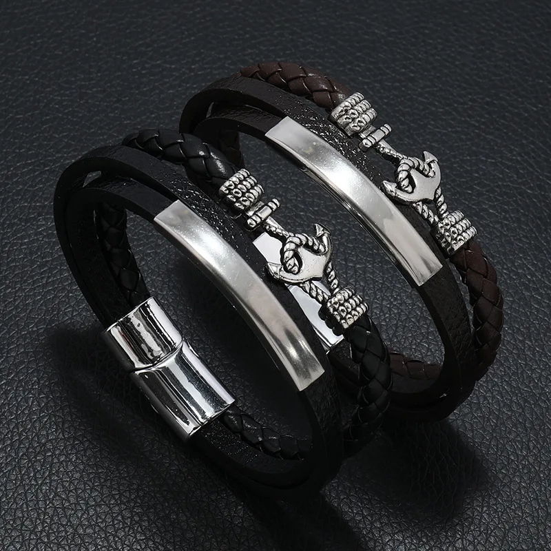 

New Black Multilayer Leather Bracelet Men Stainless Steel Anchor Magnetic Clasp Braided Leather Bangles Punk Rock Jewelry