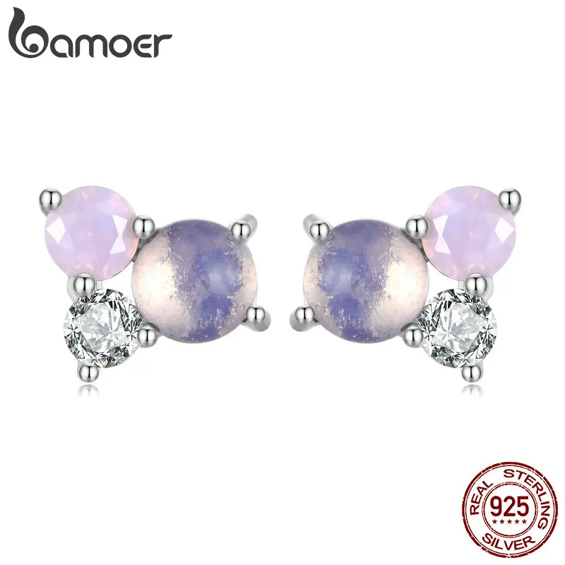 

Bamoer 925 Sterling Silver Brilliant Gemstones Stud Earrings for Women Inlaid Pink Zirconium Ear Studs Fine Jewelry Gift SCE1451
