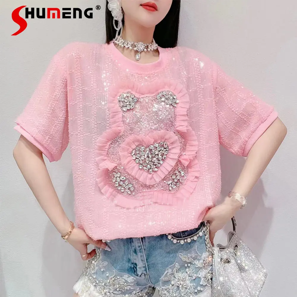Ladies 2023 Summer Short-Sleeved T-shirt New Korean Sweet Embroidery Sequins Cartoon Rhinestone Bear Loose Slimming Top Tees
Ladies 2023 Summer Short-Sleeved T-shirt New Korean Sweet Embroidery Sequins Cartoon Rhinestone Bear Loose Slimming Top Tees