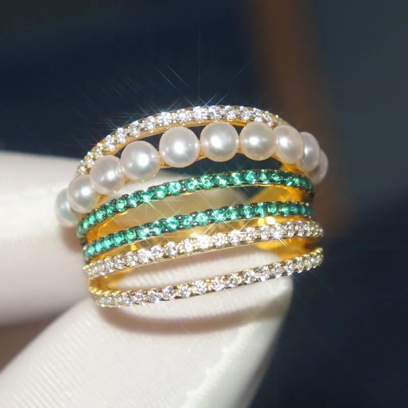 

Europe and America Cubic Zirconia White Green Cubic Zirconia 6 Multi Ring Ring with Pearl Ladies Fashion Party Ring Jewelry Gift