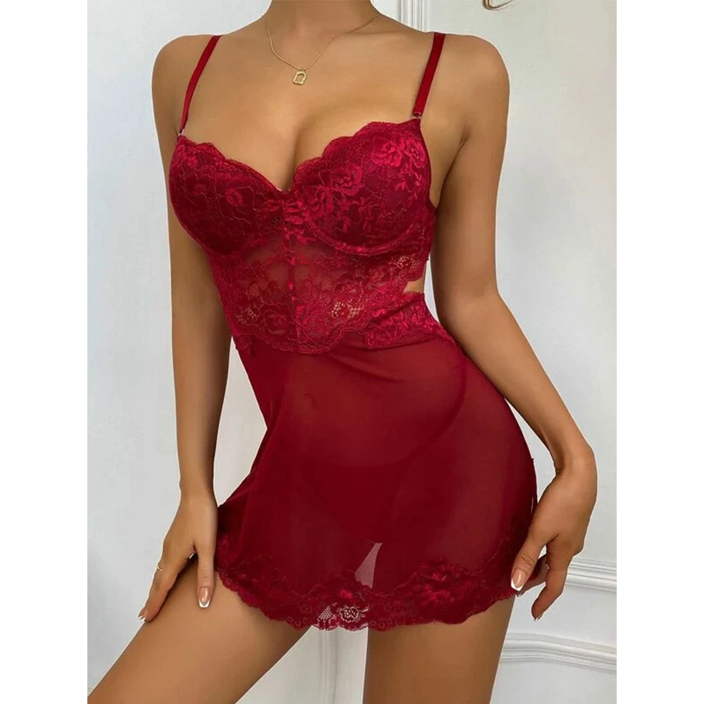 Women Lace Nightwear Dress Sexy Mesh Sling Hollow See-Through Nightdress Deep V G-String Erotic Pajamas
Women Lace Nightwear Dress Sexy Mesh Sling Hollow See-Through Nightdress Deep V G-String Erotic Pajamas