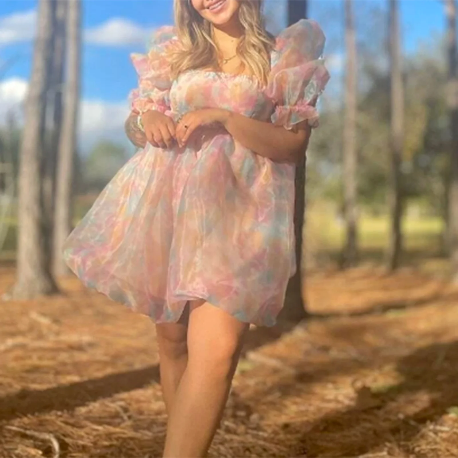 

Женское летнее короткое платье с квадратным вырезом, розовое платье с пышными рукавами и коротким рукавом, свободное милое стильное платье для отпуска