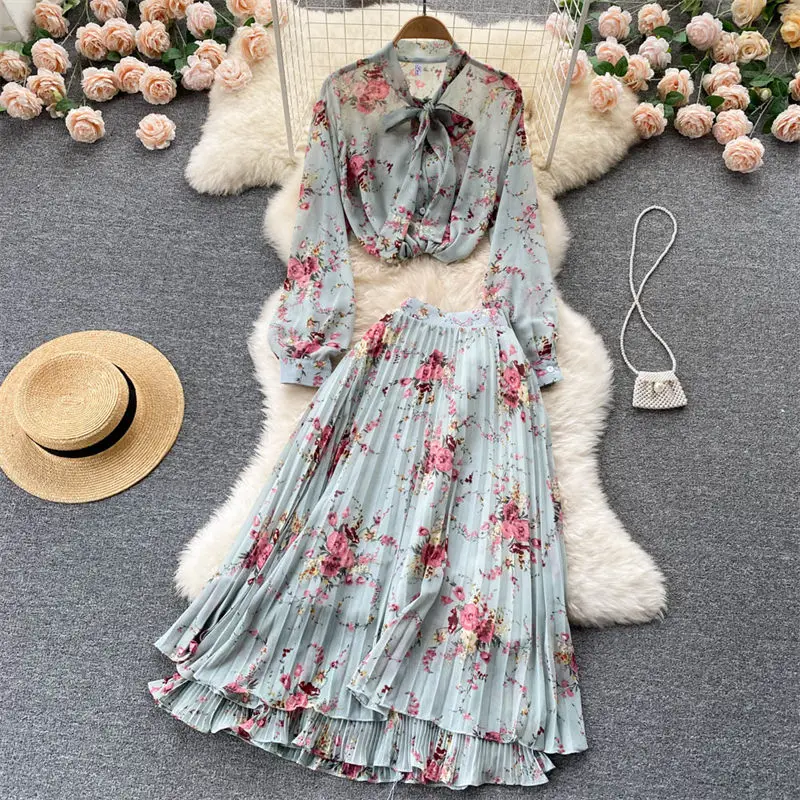 Elegant Shirt And Skirt Suit For Women 2022 Spring Summer New Fashion Bow Top + Pleated Chiffon Skirt Floral Two Piece Set h232
Elegant Shirt And Skirt Suit For Women 2022 Spring Summer New Fashion Bow Top + Pleated Chiffon Skirt Floral Two Piece Set h232