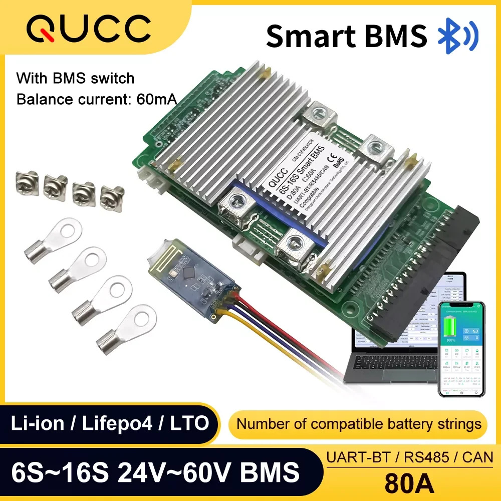 

Smart BMS 6S-16S 80A with Bluetooth UART 485 CAN 7S 8S 10S 12S 13S 14S 15S 24V 36V 48V 60V For Li-Ion Lifepo4 Battery Pack
