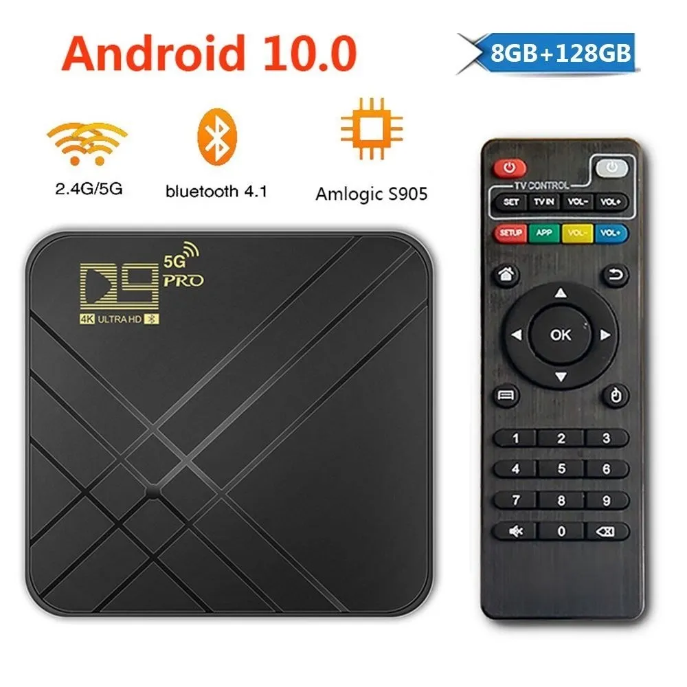

2023 D9 PRO Smart TV Box Android 10.0 Amlogic S905L Quad Core 2.4G/5G Dual WIFI Bluetooth 4K Set Top Box 8GB+128GB IPTV Box Best