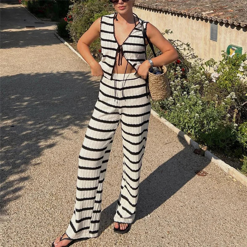 Woman Casual Black White Striped Knit Tank Suit 2023 Summer Girls Basic V Neck Tanks Sets Ladies Knitted Pants Matching Set
Woman Casual Black White Striped Knit Tank Suit 2023 Summer Girls Basic V Neck Tanks Sets Ladies Knitted Pants Matching Set