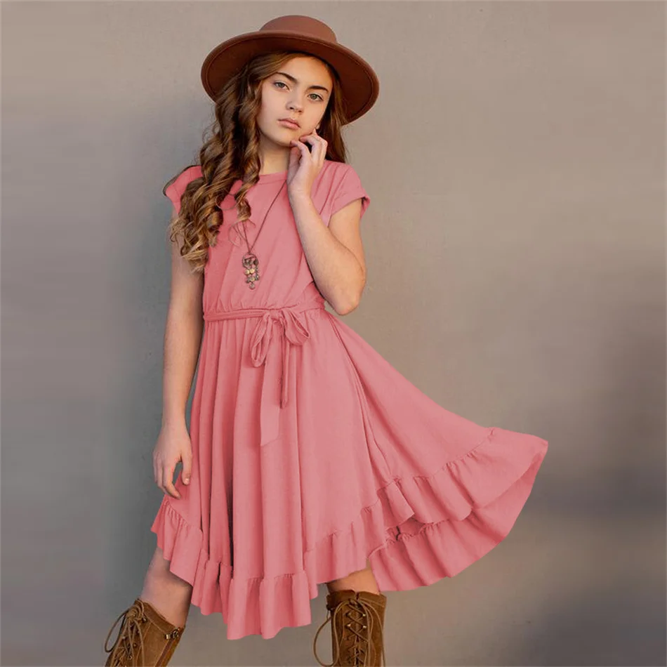 New 2022 Summer 7-12Y Girl Solid Color Birthday Princess Dresses Children's O Neck Ruffled Kids Short Sleeve Sundress With Belt 
New 2022 Summer 7-12Y Girl Solid Color Birthday Princess Dresses Children's O Neck Ruffled Kids Short Sleeve Sundress With Belt